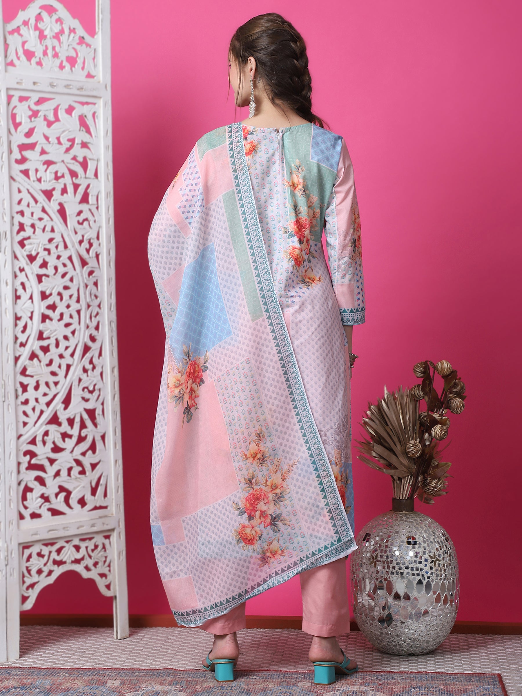 Jyoti Fashion Women's Multicolor Cotton Geometric Digital Print with Jari & Crystal Kurta with Trouser & Dupatta - Distacart