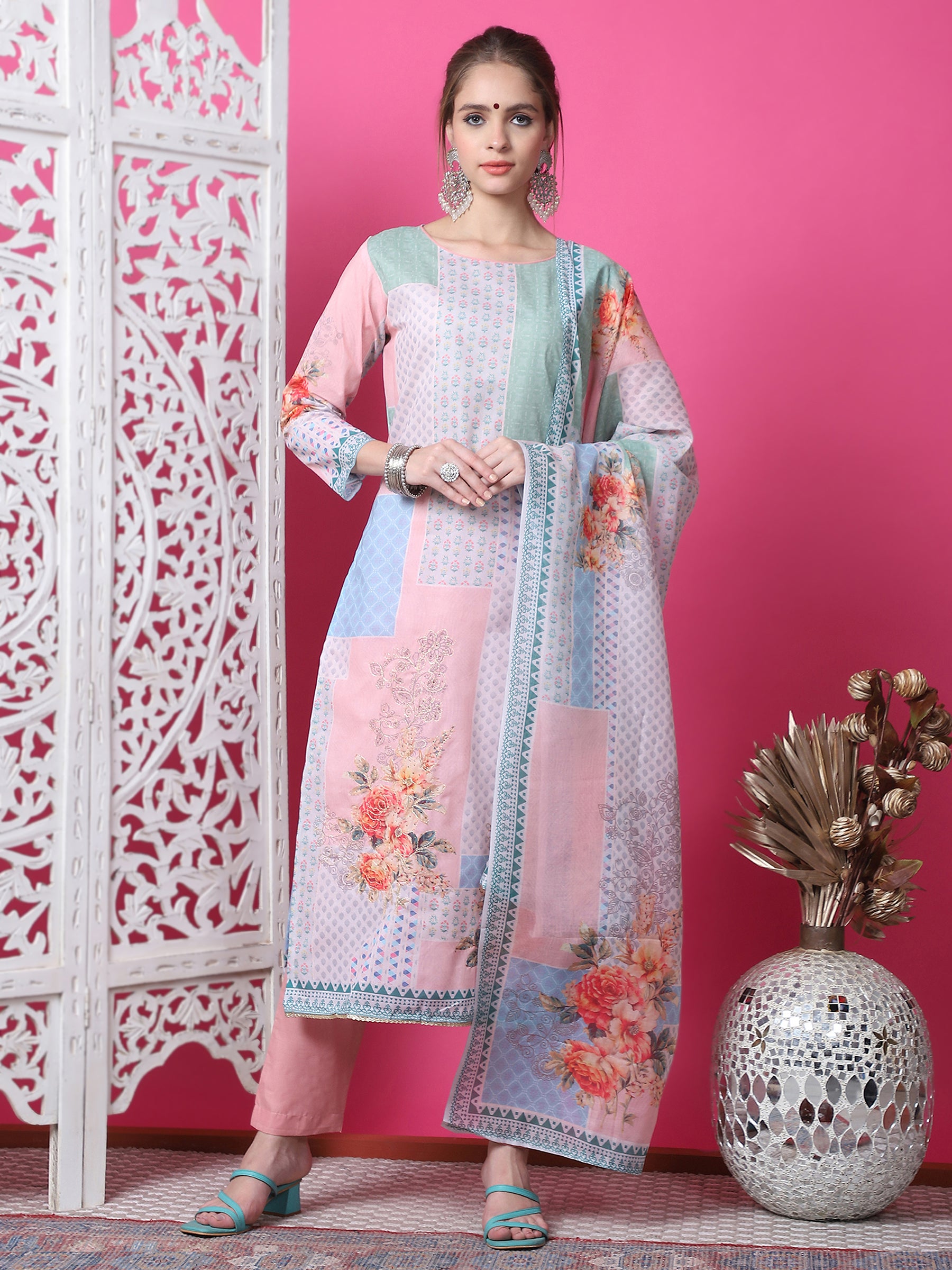Jyoti Fashion Women's Multicolor Cotton Geometric Digital Print with Jari & Crystal Kurta with Trouser & Dupatta - Distacart