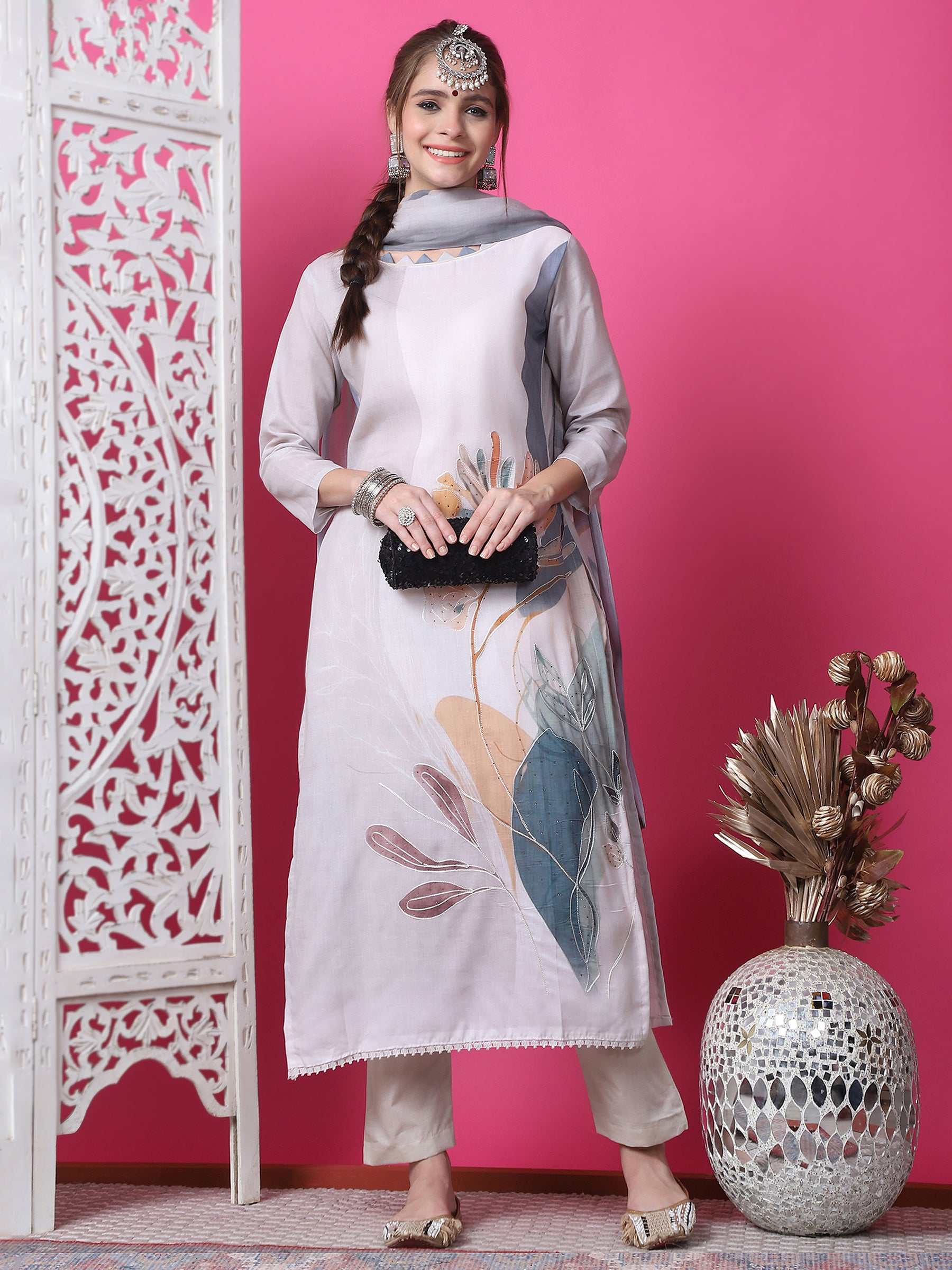 Jyoti Fashion Women's Beige Cotton Geometric Digital Print with Jari & Crystal Kurta with Trouser & Dupatta - Distacart