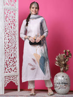 Thumbnail for Jyoti Fashion Women's Beige Cotton Geometric Digital Print with Jari & Crystal Kurta with Trouser & Dupatta - Distacart