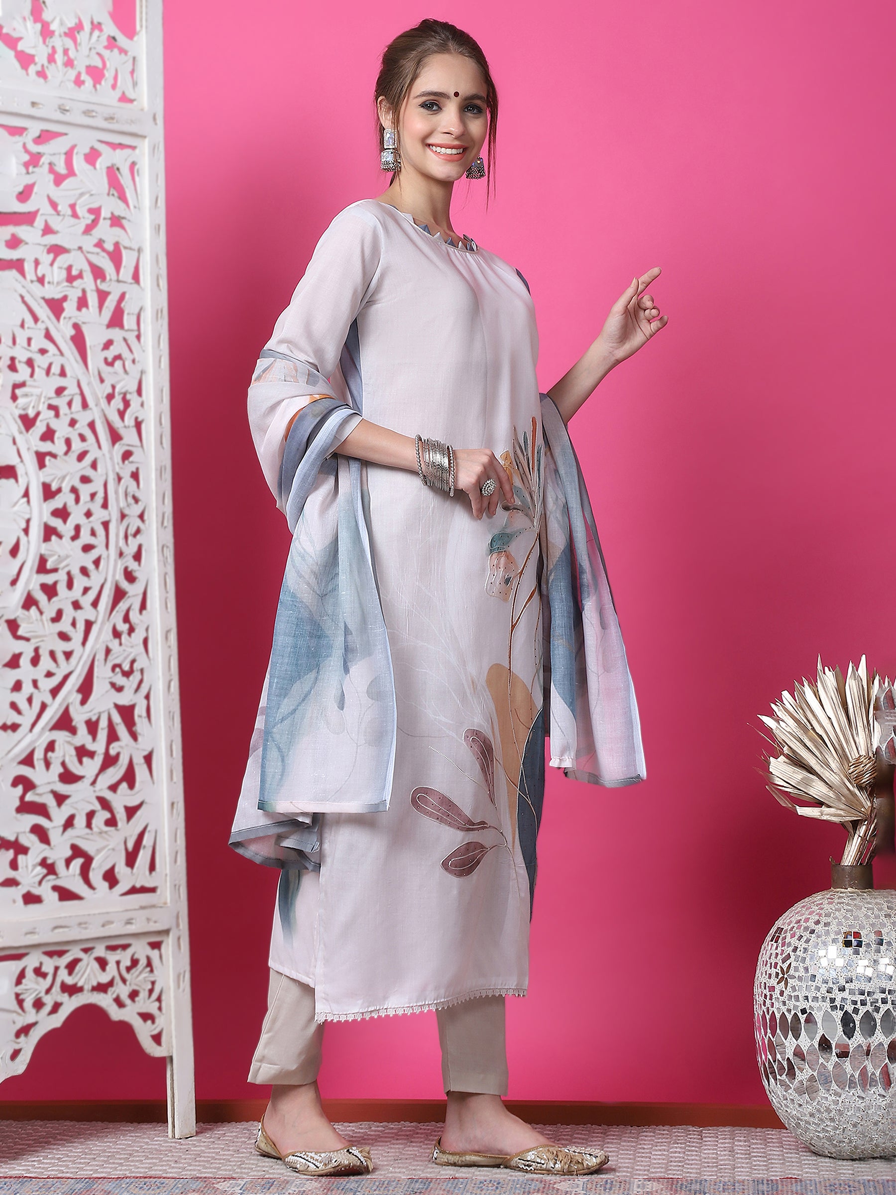 Jyoti Fashion Women's Beige Cotton Geometric Digital Print with Jari & Crystal Kurta with Trouser & Dupatta - Distacart