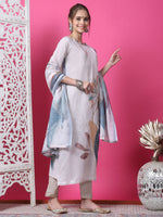 Thumbnail for Jyoti Fashion Women's Beige Cotton Geometric Digital Print with Jari & Crystal Kurta with Trouser & Dupatta - Distacart