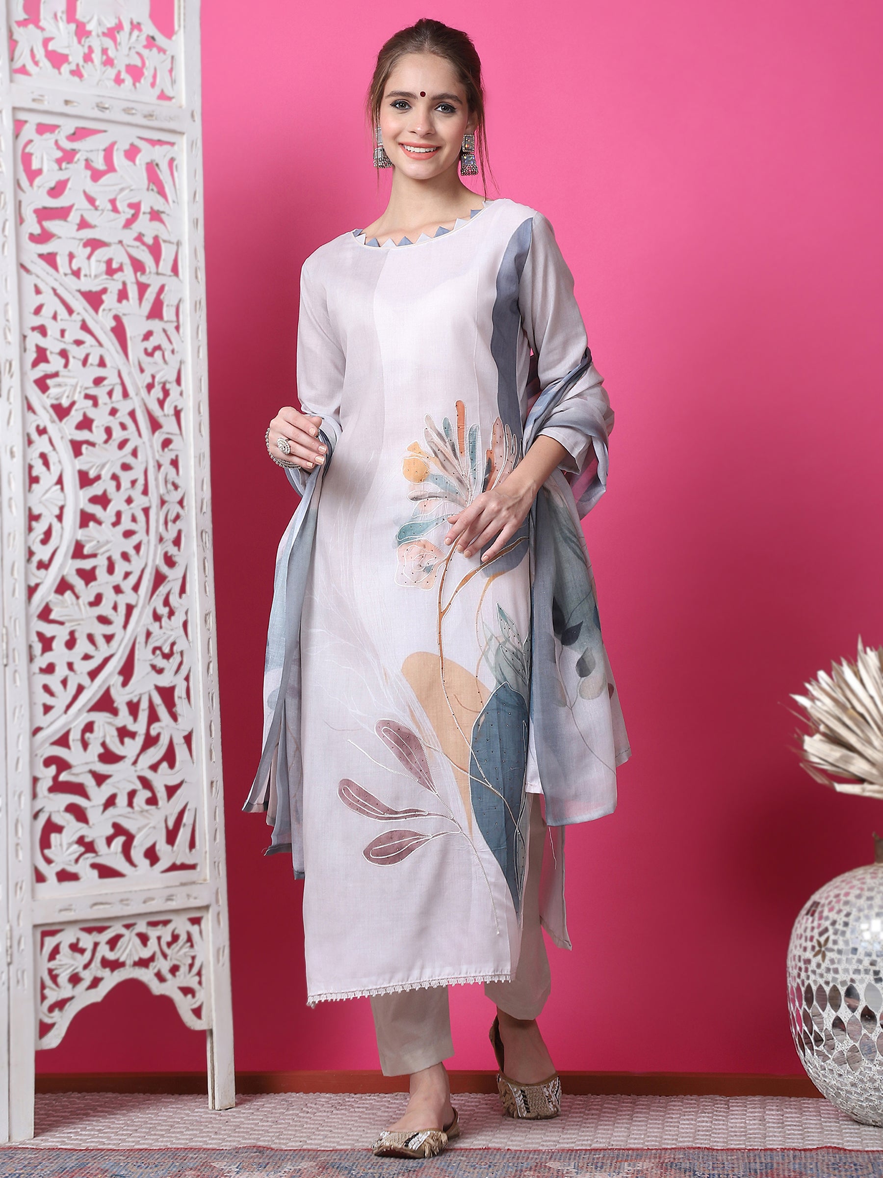 Jyoti Fashion Women's Beige Cotton Geometric Digital Print with Jari & Crystal Kurta with Trouser & Dupatta - Distacart