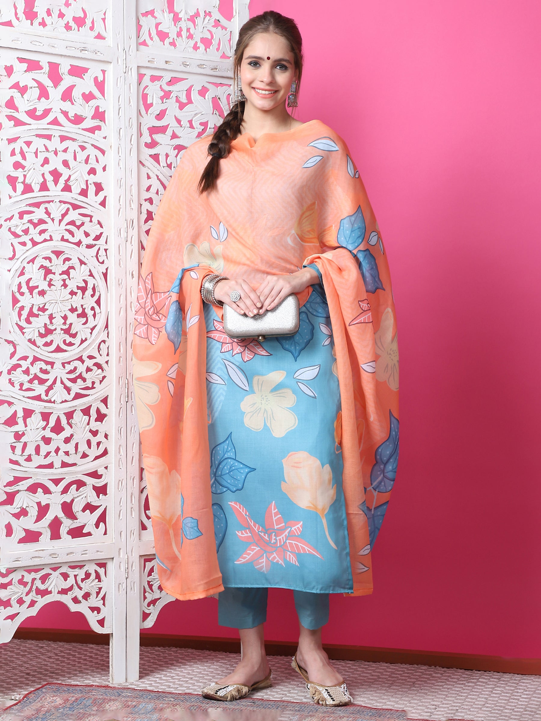 Jyoti Fashion Women's Sky Blue Cotton Geometric Digital Print with Jari & Crystal Kurta with Trouser & Dupatta - Distacart