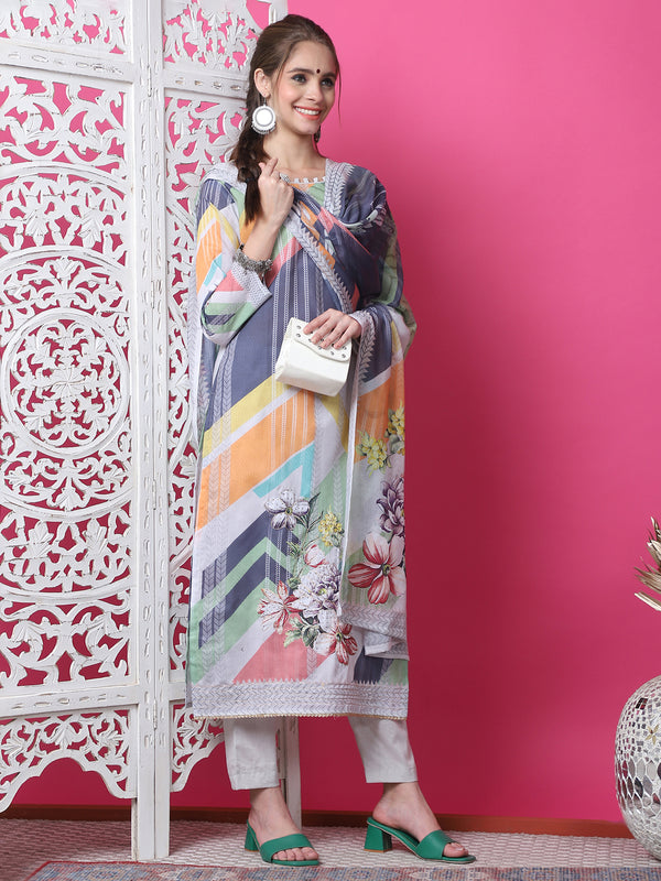 Jyoti Fashion Women's Multicolor Cotton Geometric Digital Print with Jari & Crystal Kurta with Trouser & Dupatta - Distacart