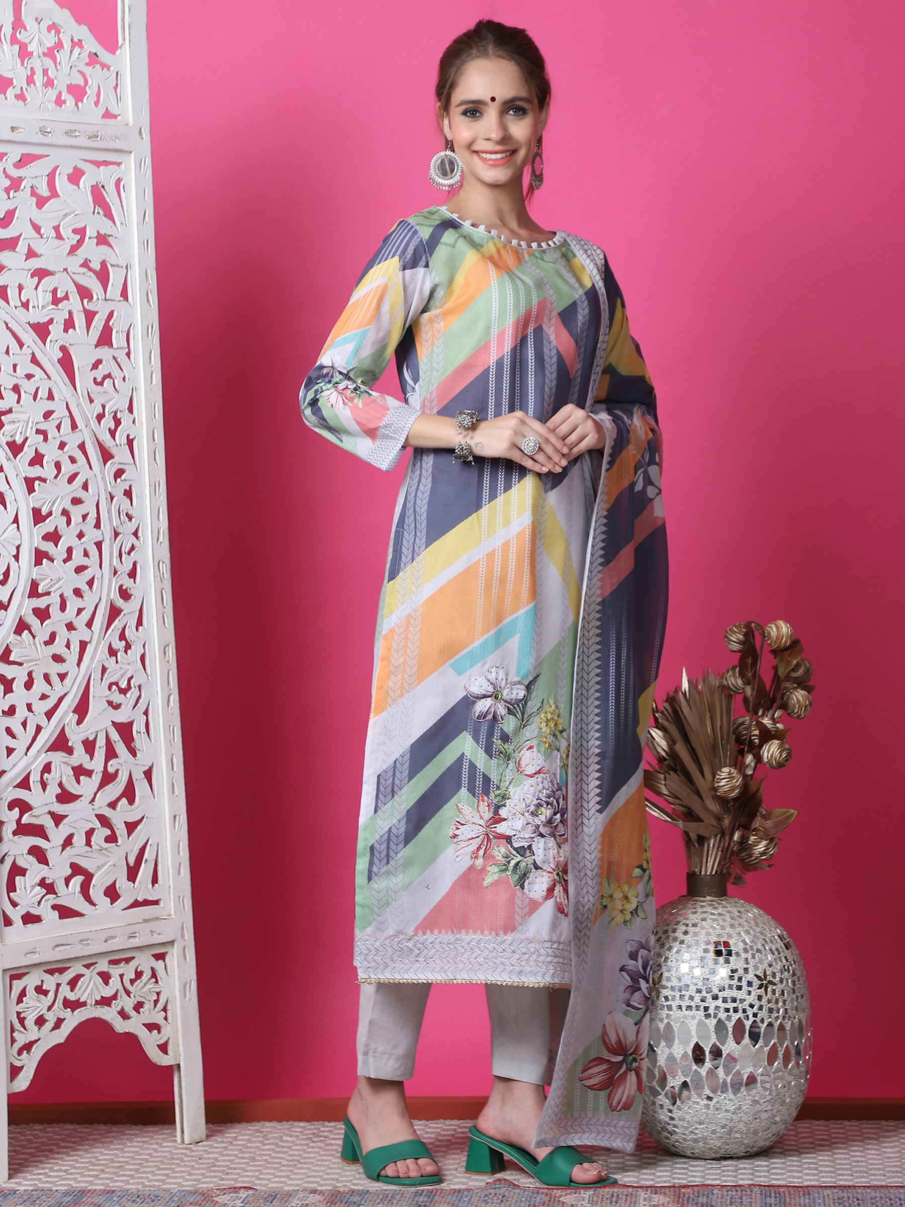 Jyoti Fashion Women's Multicolor Cotton Geometric Digital Print with Jari & Crystal Kurta with Trouser & Dupatta - Distacart