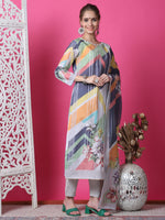 Thumbnail for Jyoti Fashion Women's Multicolor Cotton Geometric Digital Print with Jari & Crystal Kurta with Trouser & Dupatta - Distacart