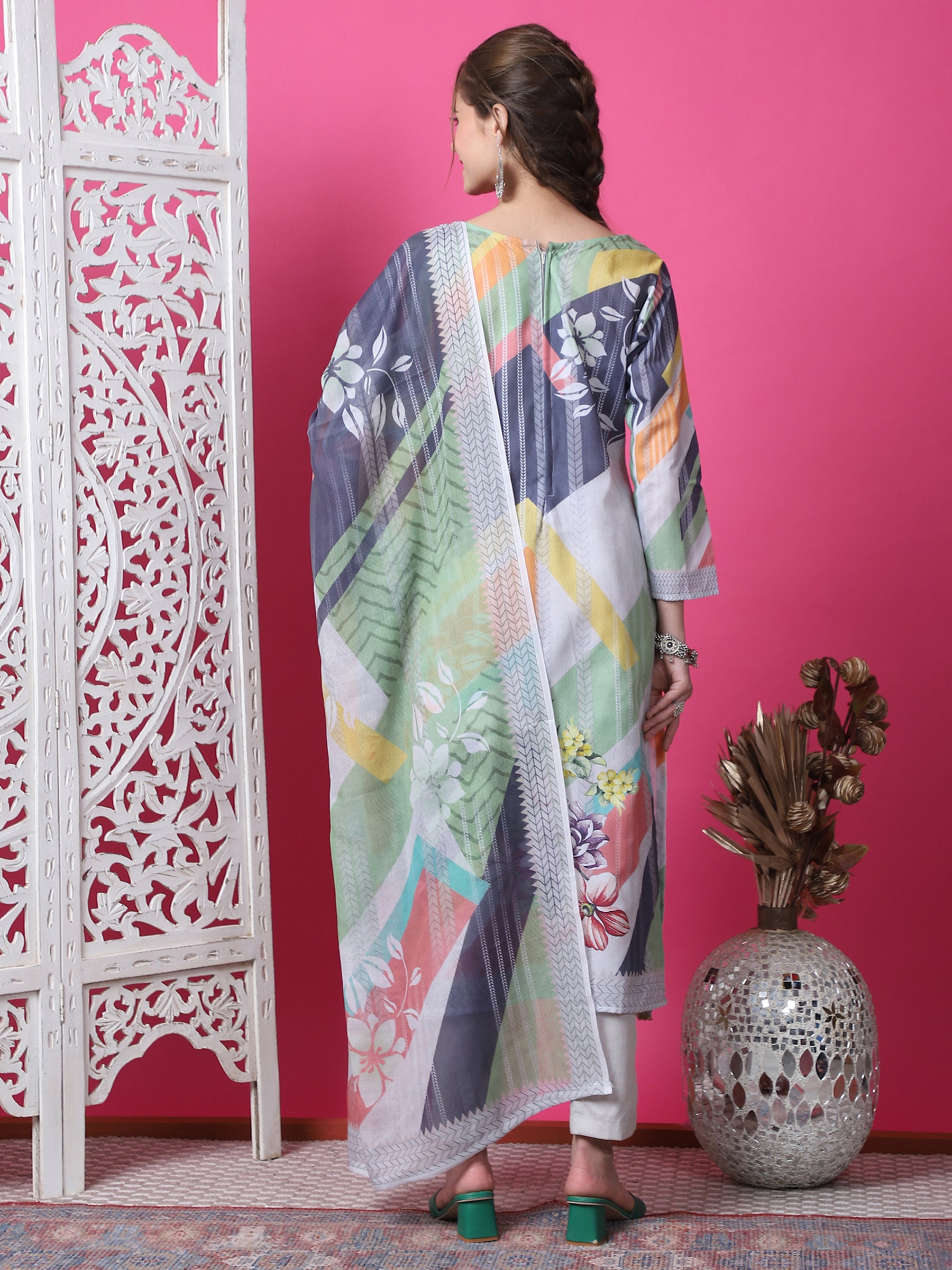 Jyoti Fashion Women's Multicolor Cotton Geometric Digital Print with Jari & Crystal Kurta with Trouser & Dupatta - Distacart