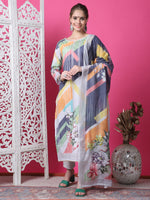 Thumbnail for Jyoti Fashion Women's Multicolor Cotton Geometric Digital Print with Jari & Crystal Kurta with Trouser & Dupatta - Distacart