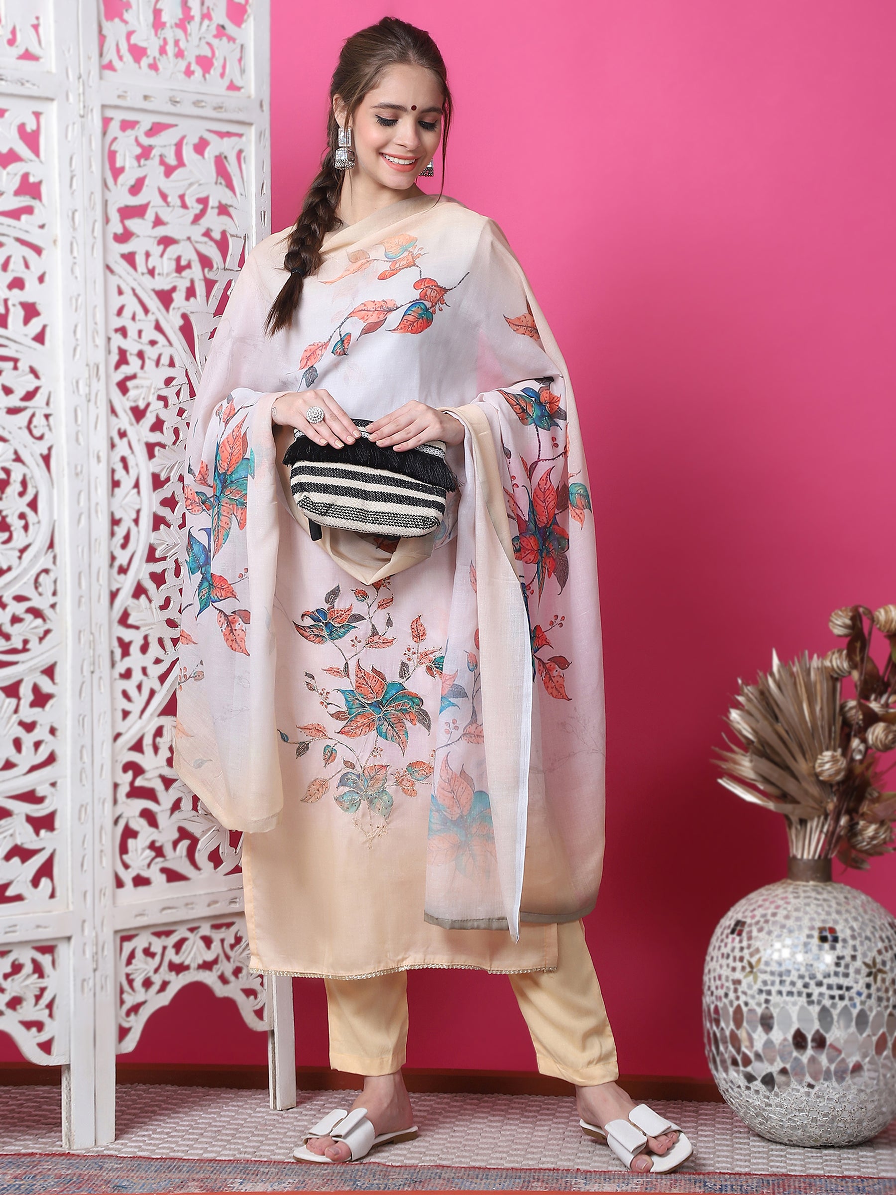 Jyoti Fashion Women's Multicolor Cotton Geometric Digital Print with Jari & Crystal Kurta with Trouser & Dupatta - Distacart