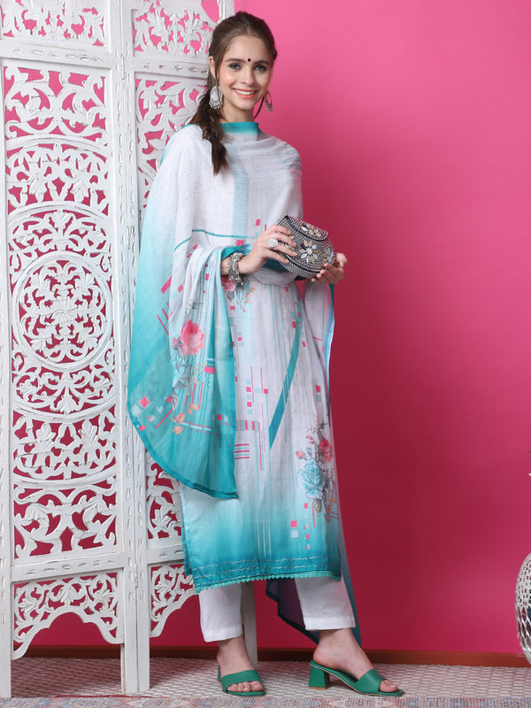 Jyoti Fashion Women's Multicolor Cotton Geometric Digital Print with Jari & Crystal Kurta with Trouser & Dupatta - Distacart