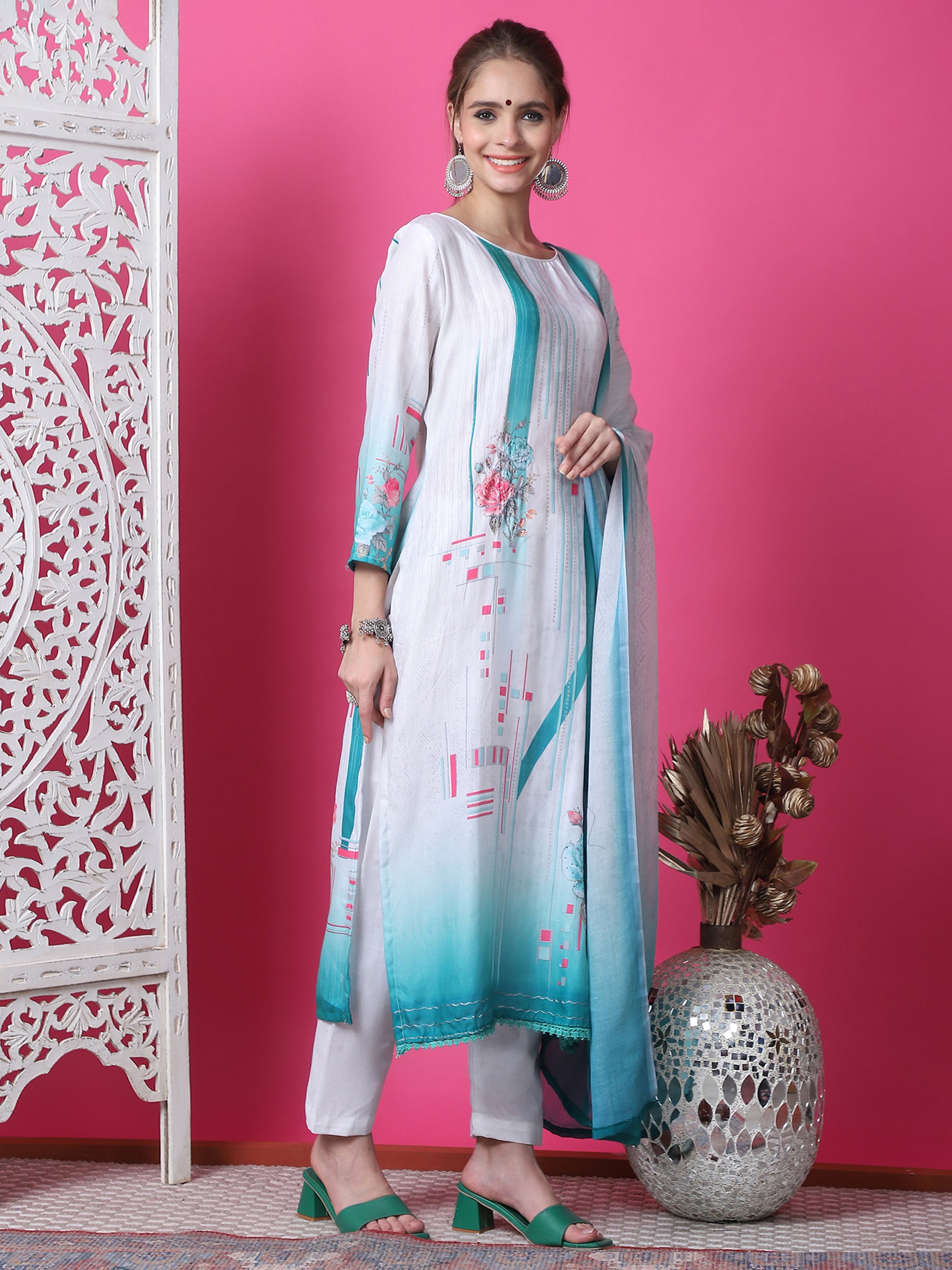 Jyoti Fashion Women's Multicolor Cotton Geometric Digital Print with Jari & Crystal Kurta with Trouser & Dupatta - Distacart