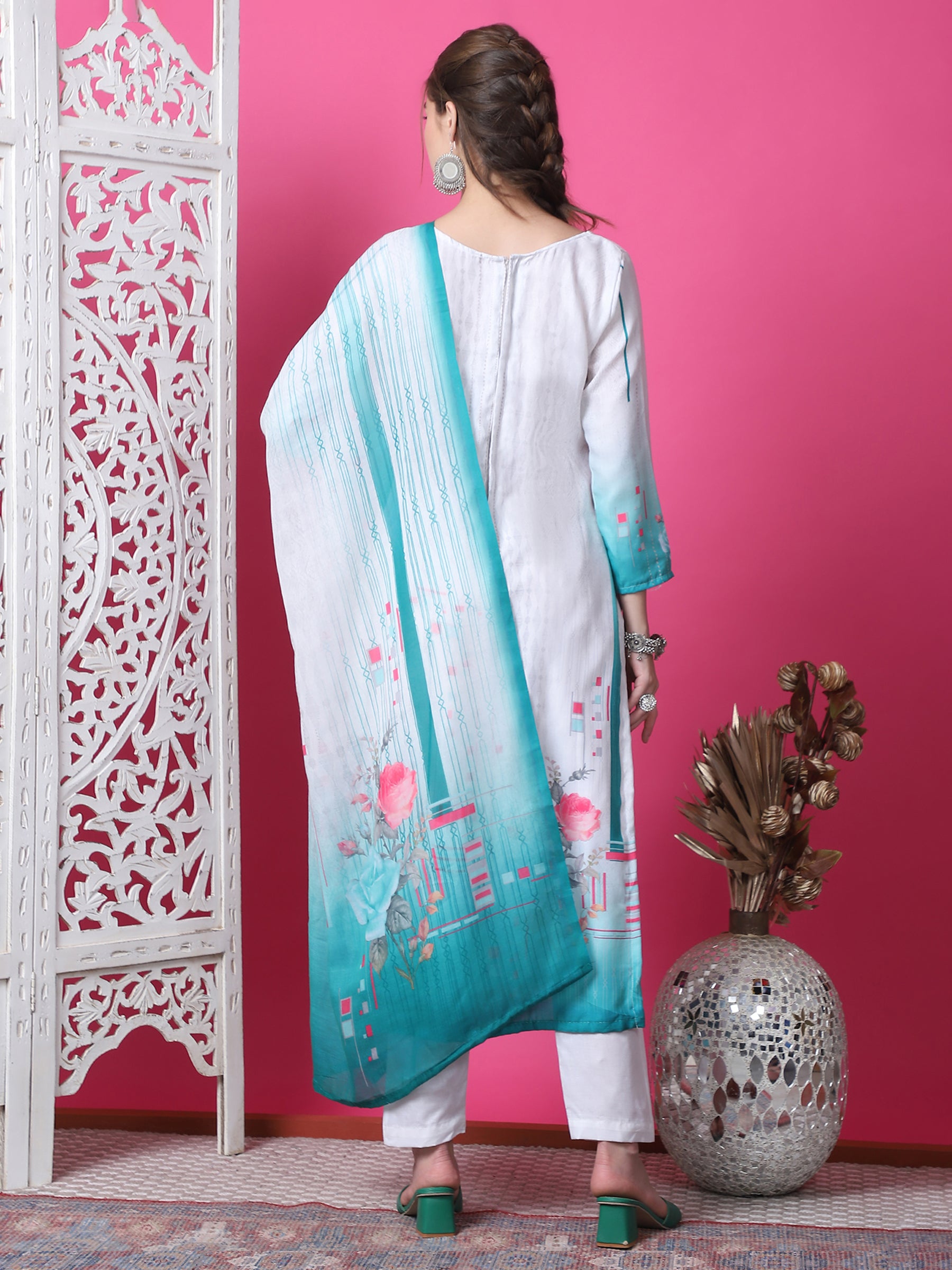 Jyoti Fashion Women's Multicolor Cotton Geometric Digital Print with Jari & Crystal Kurta with Trouser & Dupatta - Distacart