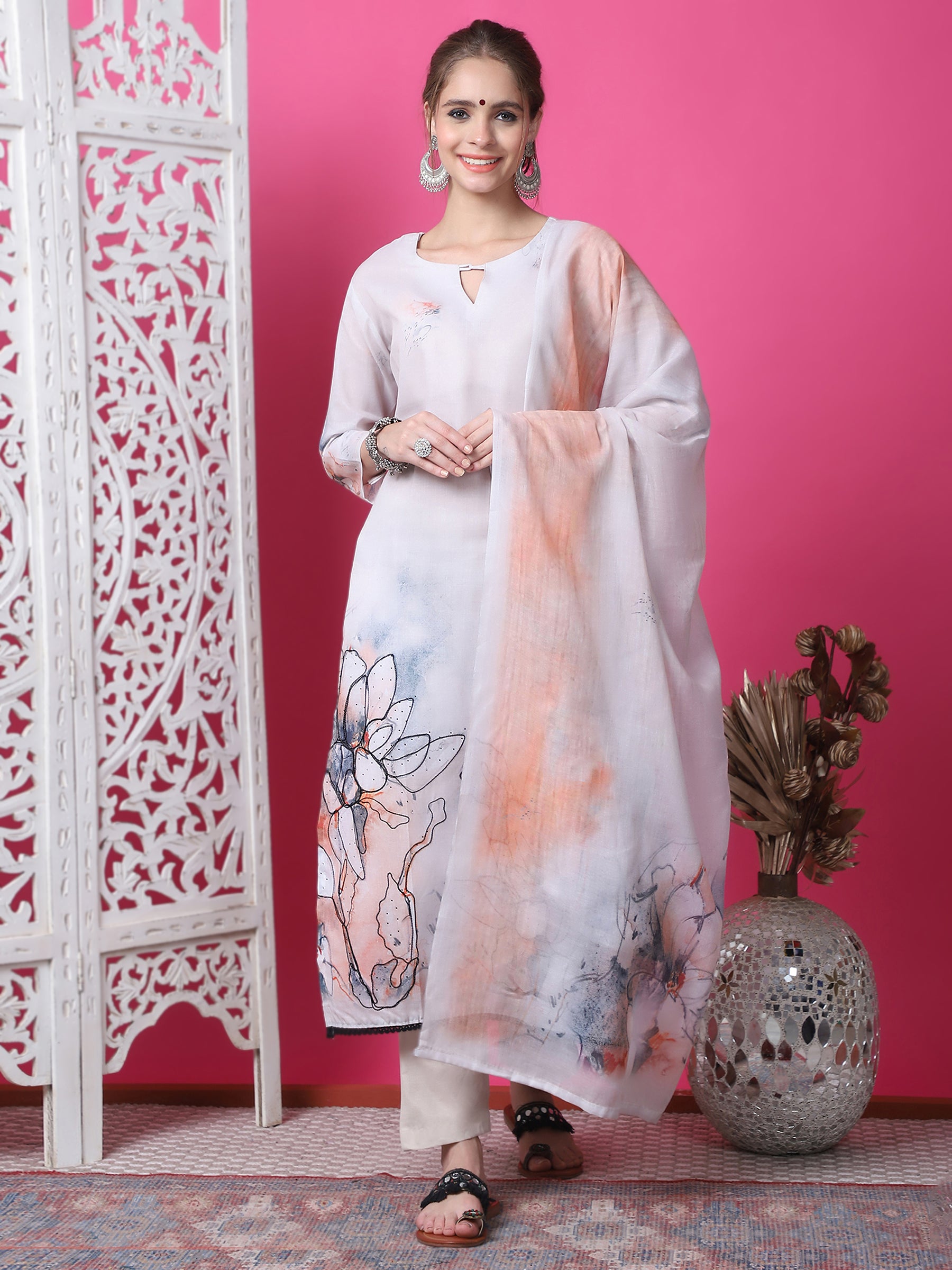 Jyoti Fashion Women's Beige Cotton Geometric Digital Print with Jari & Crystal Kurta with Trouser & Dupatta - Distacart