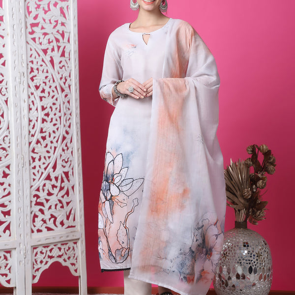 Jyoti Fashion Women's Beige Cotton Geometric Digital Print with Jari & Crystal Kurta with Trouser & Dupatta - Distacart