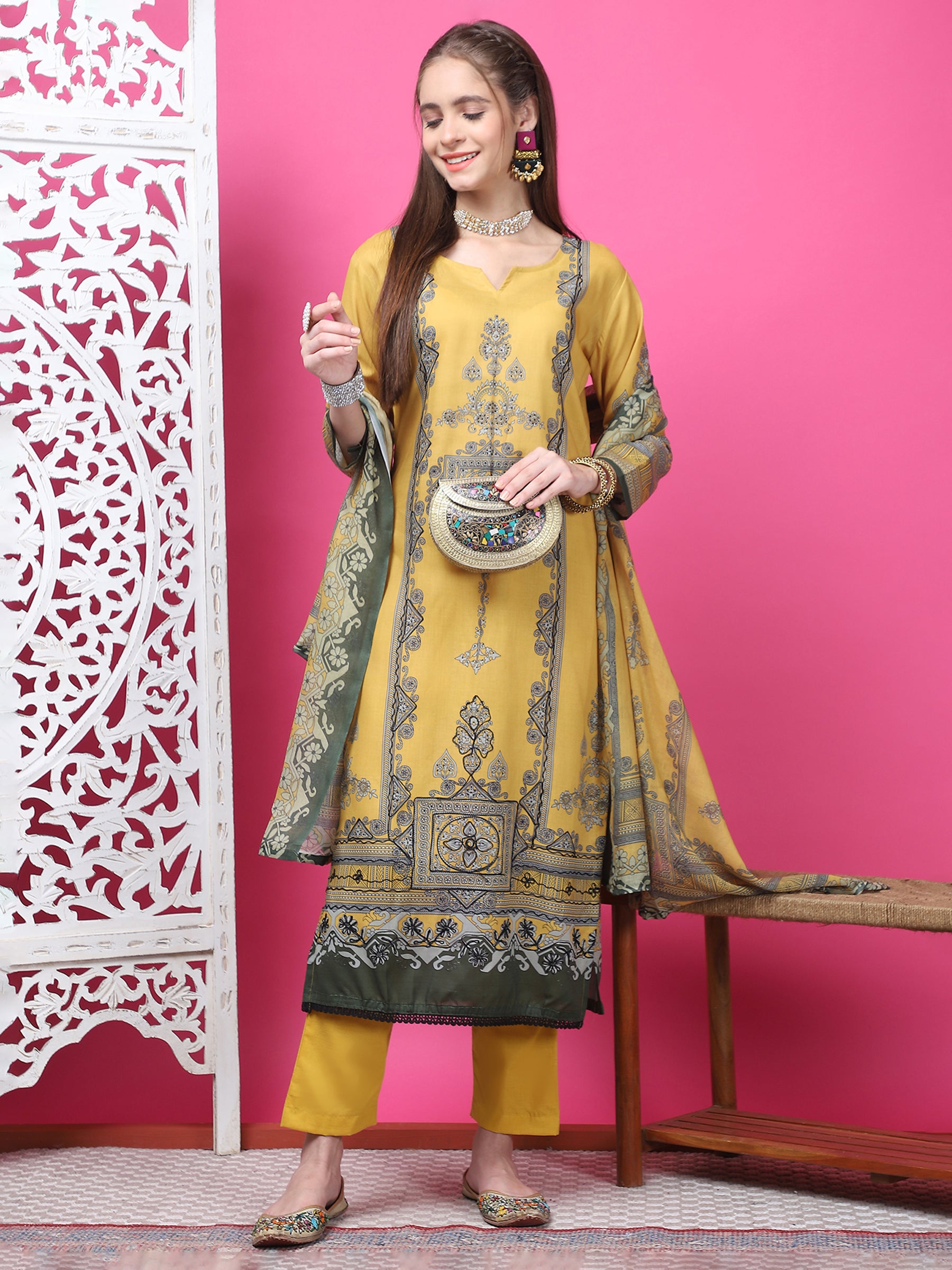 Jyoti Fashion Women's Mustard Cotton Geometric Digital Print with Jari & Crystal Kurta with Trouser & Dupatta - Distacart