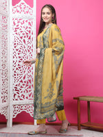 Thumbnail for Jyoti Fashion Women's Mustard Cotton Geometric Digital Print with Jari & Crystal Kurta with Trouser & Dupatta - Distacart