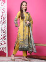 Thumbnail for Jyoti Fashion Women's Mustard Cotton Geometric Digital Print with Jari & Crystal Kurta with Trouser & Dupatta - Distacart