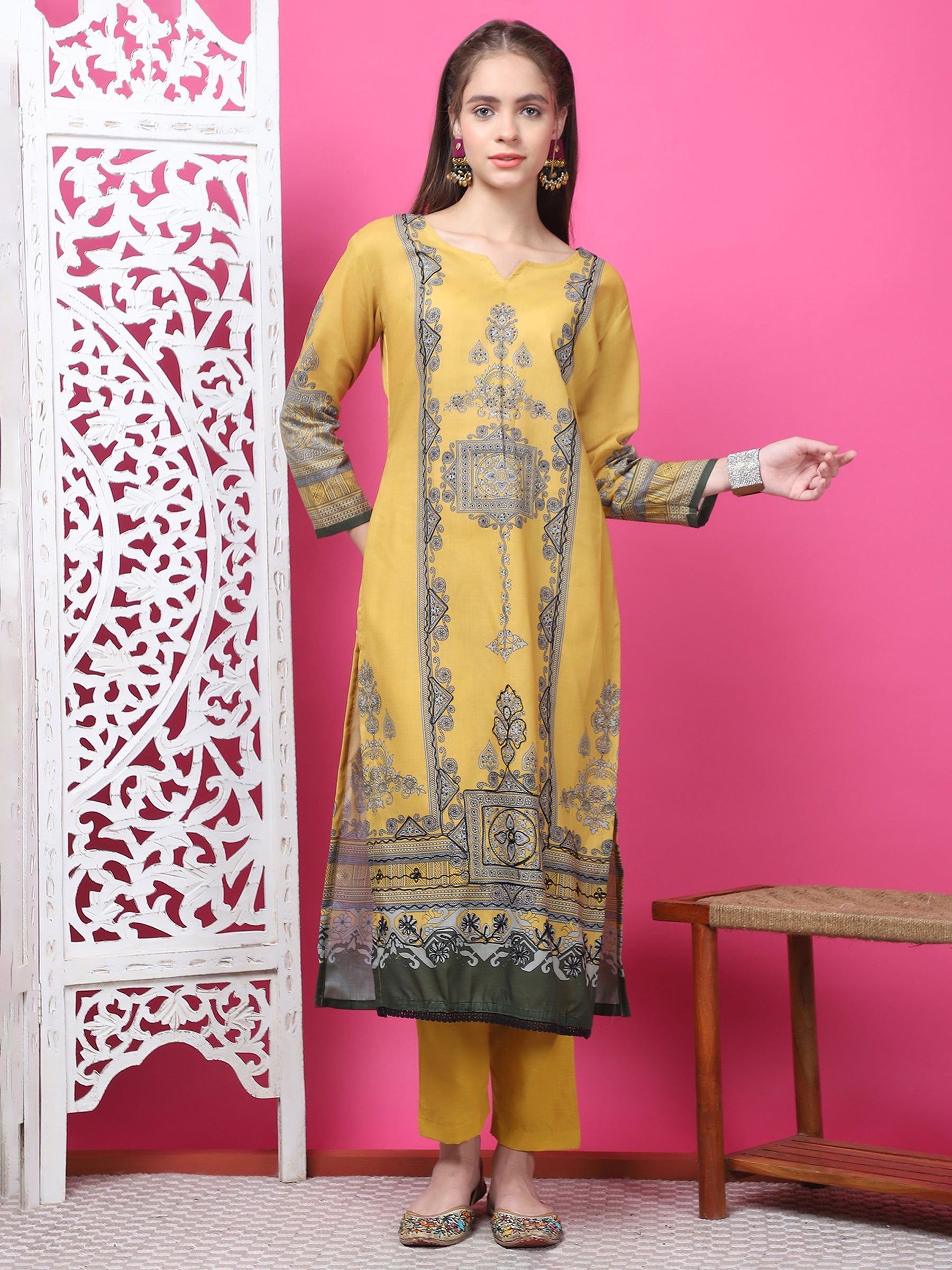 Jyoti Fashion Women's Mustard Cotton Geometric Digital Print with Jari & Crystal Kurta with Trouser & Dupatta - Distacart
