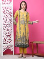 Thumbnail for Jyoti Fashion Women's Mustard Cotton Geometric Digital Print with Jari & Crystal Kurta with Trouser & Dupatta - Distacart