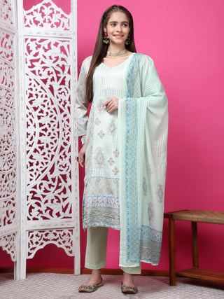 Jyoti Fashion Women's Pista Green Cotton Geometric Digital Print with Jari & Crystal Kurta with Trouser & Dupatta - Distacart