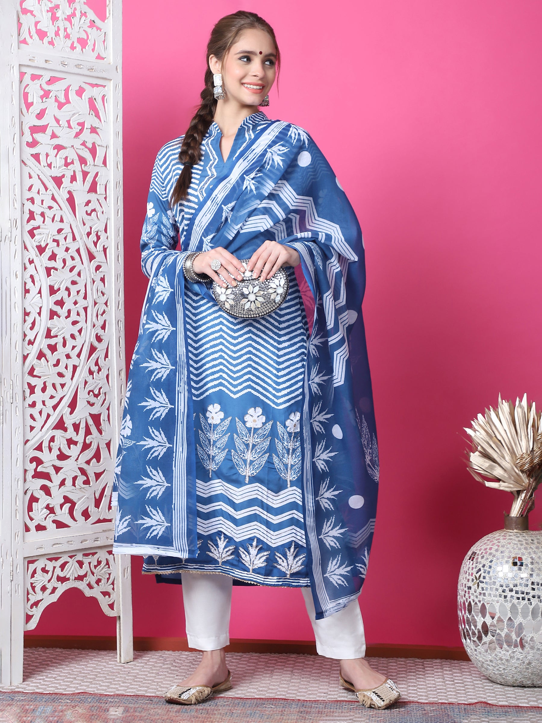 Jyoti Fashion Women's Indigo Blue Cotton Geometric Digital Print with Jari & Crystal Kurta with Trouser & Dupatta - Distacart