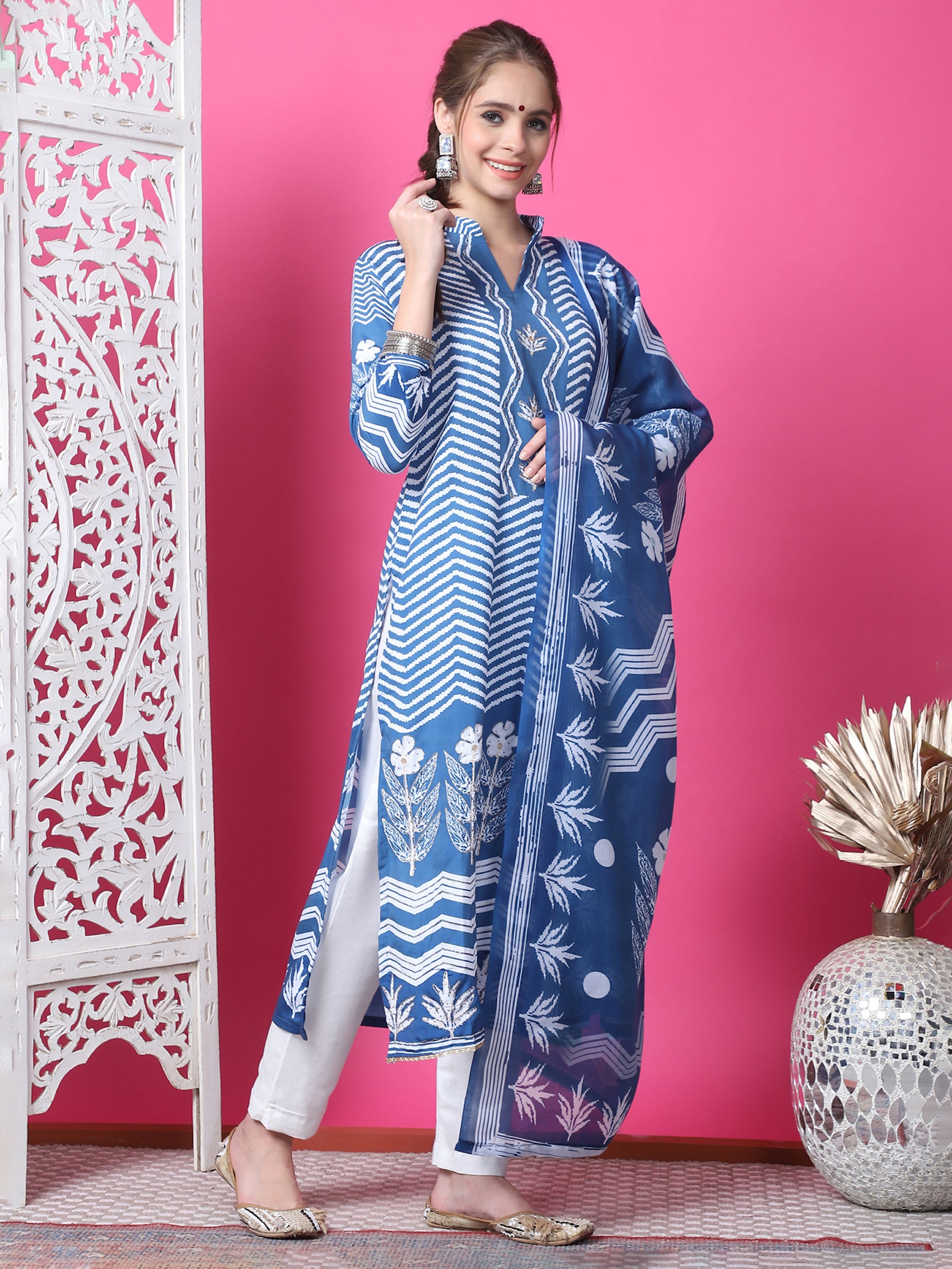 Jyoti Fashion Women's Indigo Blue Cotton Geometric Digital Print with Jari & Crystal Kurta with Trouser & Dupatta - Distacart