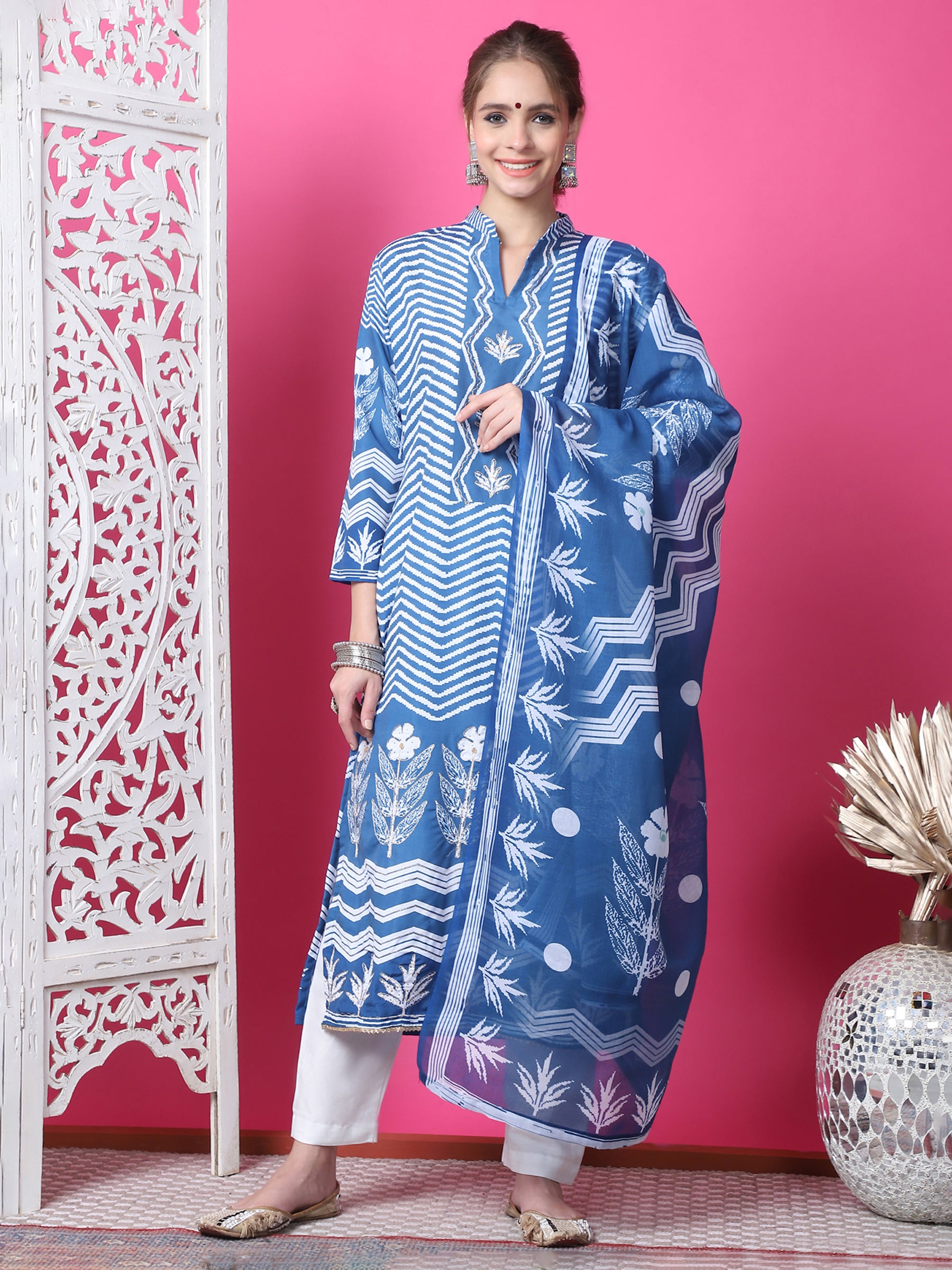 Jyoti Fashion Women's Indigo Blue Cotton Geometric Digital Print with Jari & Crystal Kurta with Trouser & Dupatta - Distacart