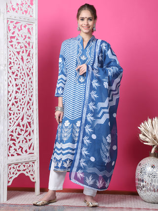 Jyoti Fashion Women's Indigo Blue Cotton Geometric Digital Print with Jari & Crystal Kurta with Trouser & Dupatta - Distacart
