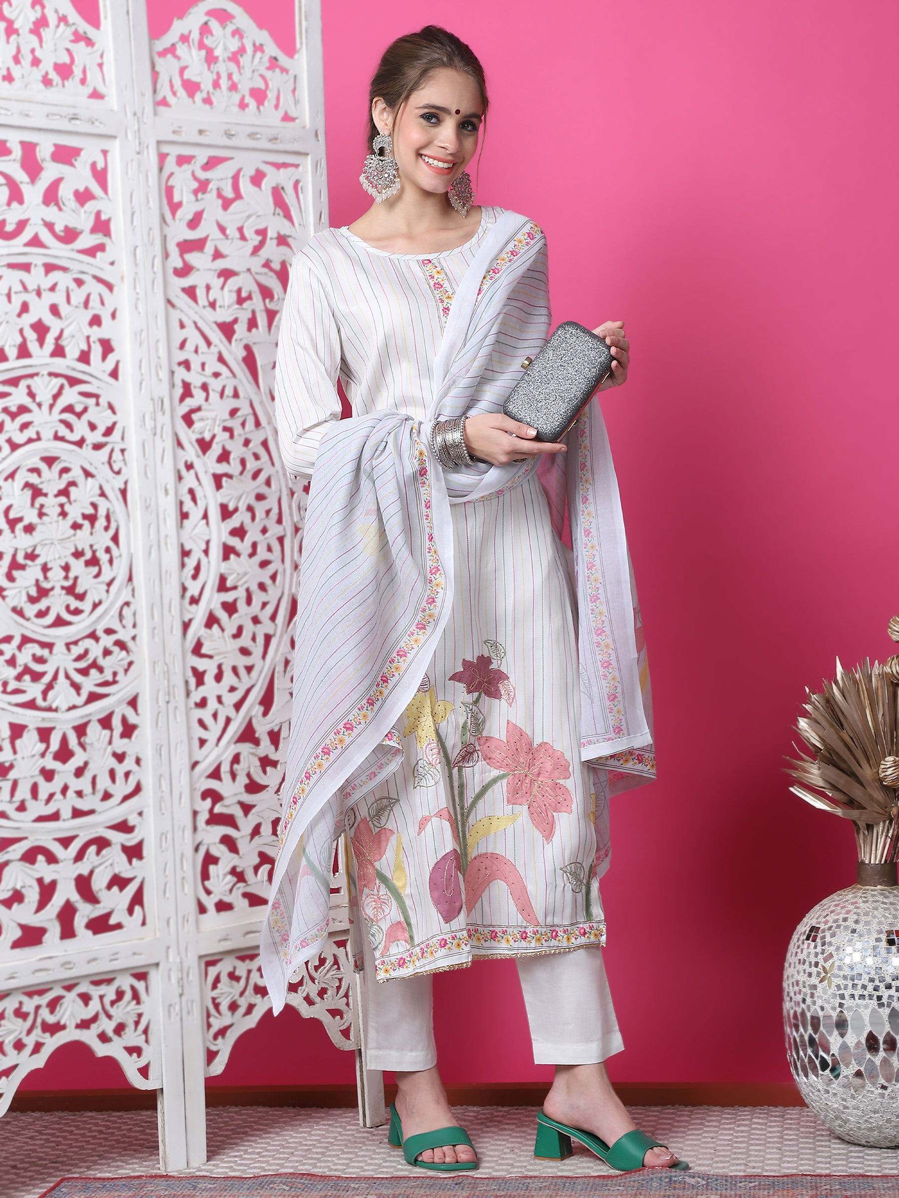 Jyoti Fashion Women's Off White Cotton Geometric Digital Print with Jari & Crystal Kurta with Trouser & Dupatta - Distacart