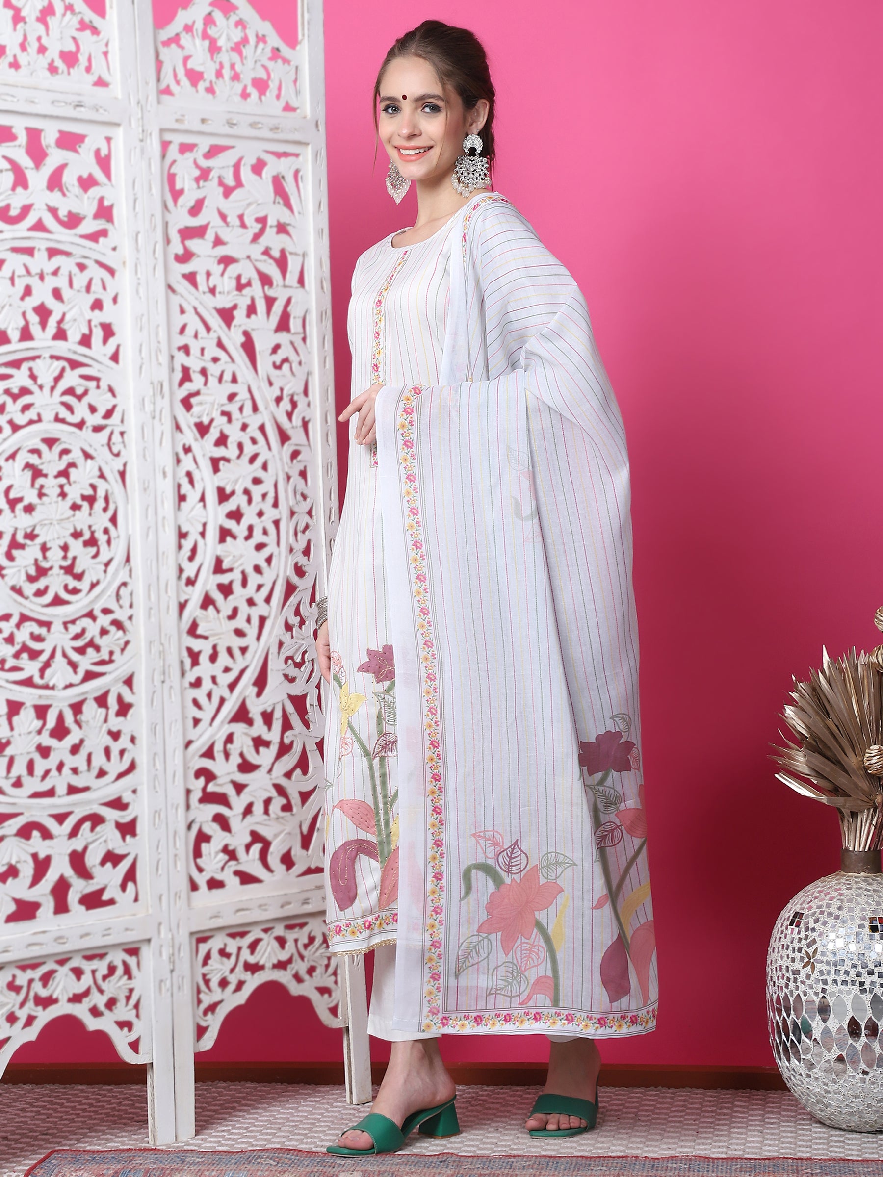 Jyoti Fashion Women's Off White Cotton Geometric Digital Print with Jari & Crystal Kurta with Trouser & Dupatta - Distacart