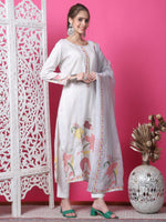 Thumbnail for Jyoti Fashion Women's Off White Cotton Geometric Digital Print with Jari & Crystal Kurta with Trouser & Dupatta - Distacart