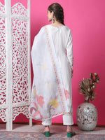 Thumbnail for Jyoti Fashion Women's Off White Cotton Geometric Digital Print with Jari & Crystal Kurta with Trouser & Dupatta - Distacart