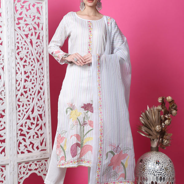 Jyoti Fashion Women's Off White Cotton Geometric Digital Print with Jari & Crystal Kurta with Trouser & Dupatta - Distacart