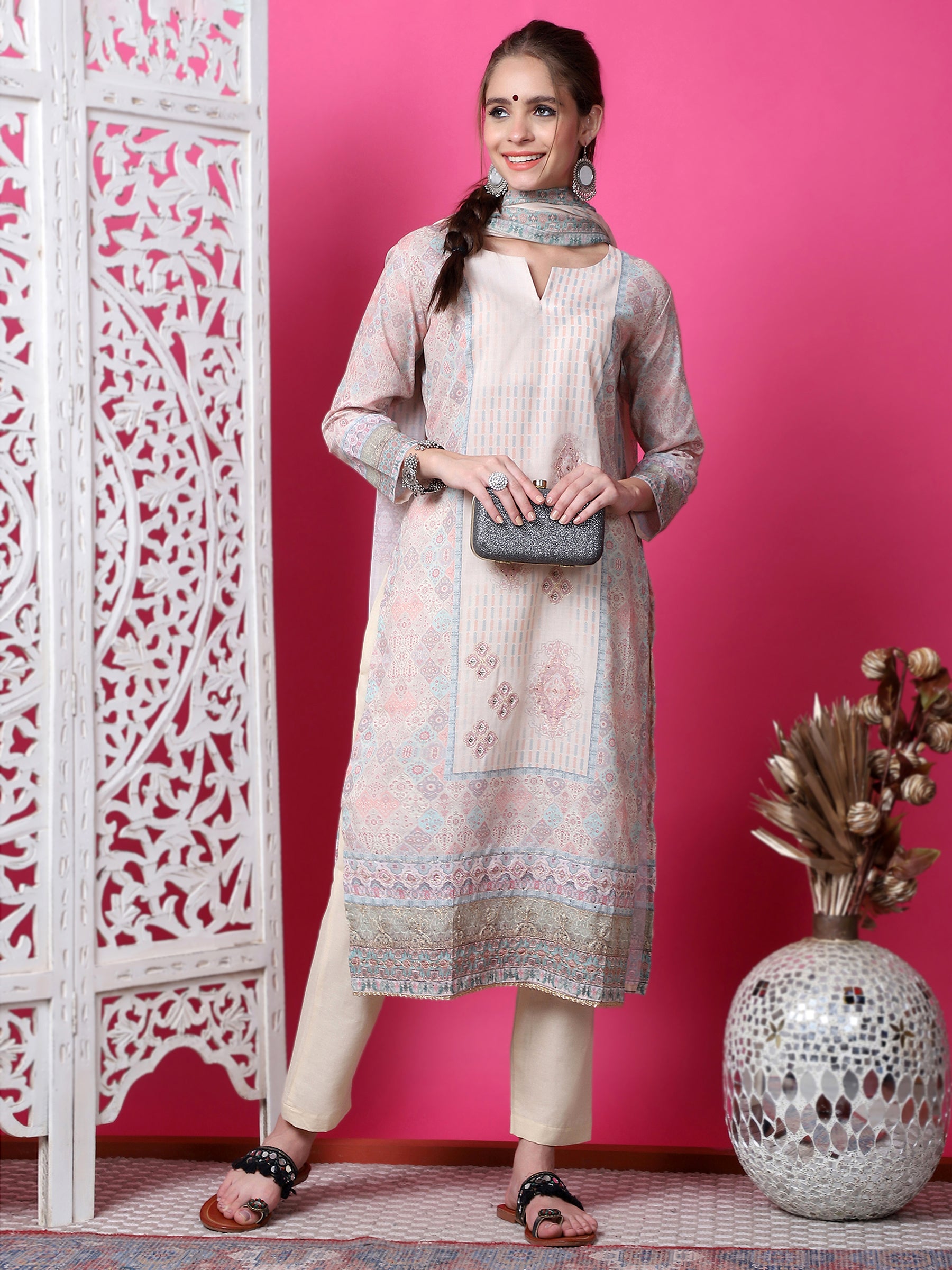 Jyoti Fashion Women's Beige Cotton Geometric Digital Print with Jari & Crystal Kurta with Trouser & Dupatta - Distacart