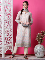 Thumbnail for Jyoti Fashion Women's Beige Cotton Geometric Digital Print with Jari & Crystal Kurta with Trouser & Dupatta - Distacart