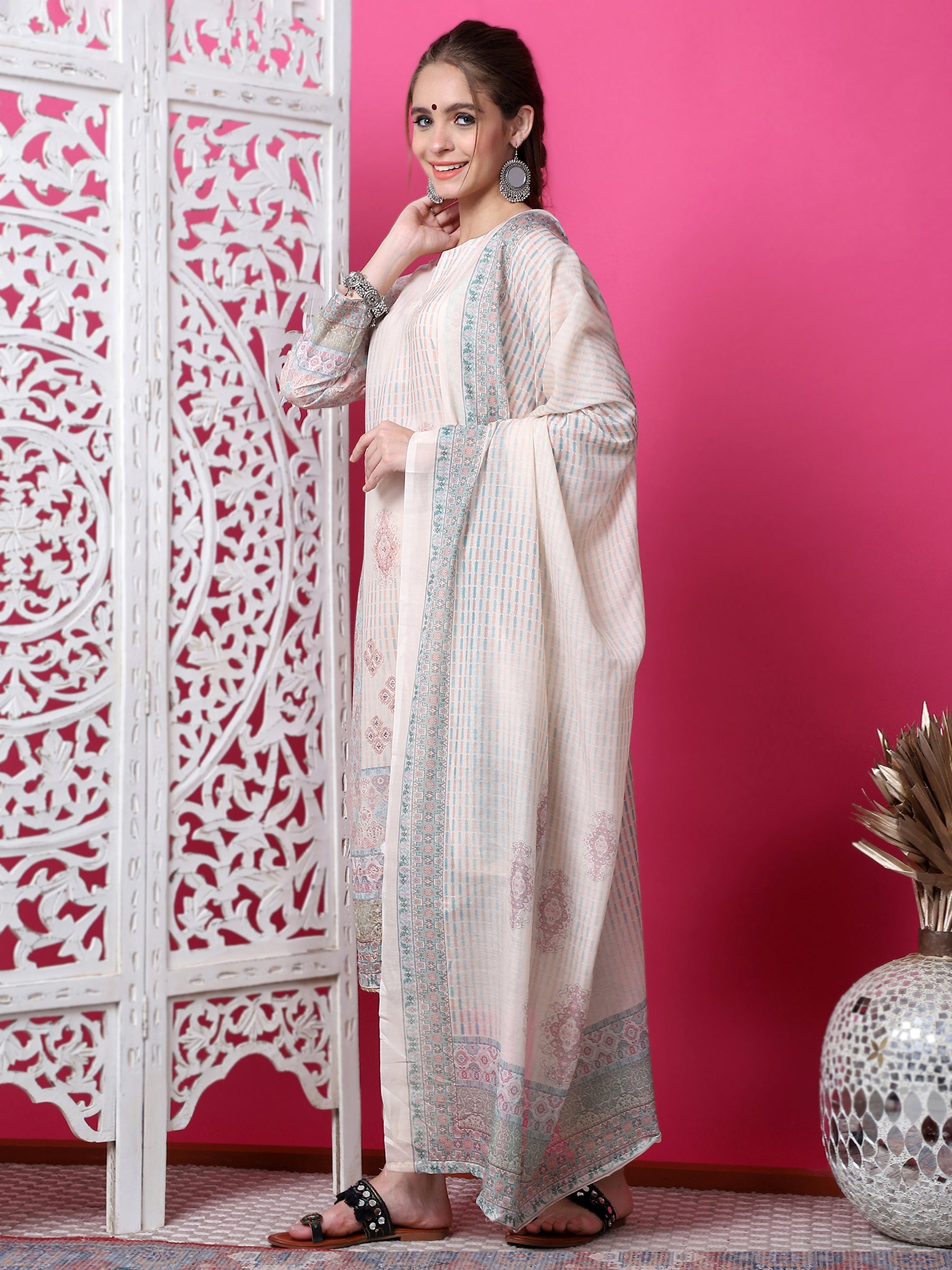 Jyoti Fashion Women's Beige Cotton Geometric Digital Print with Jari & Crystal Kurta with Trouser & Dupatta - Distacart