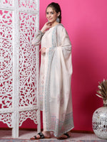 Thumbnail for Jyoti Fashion Women's Beige Cotton Geometric Digital Print with Jari & Crystal Kurta with Trouser & Dupatta - Distacart