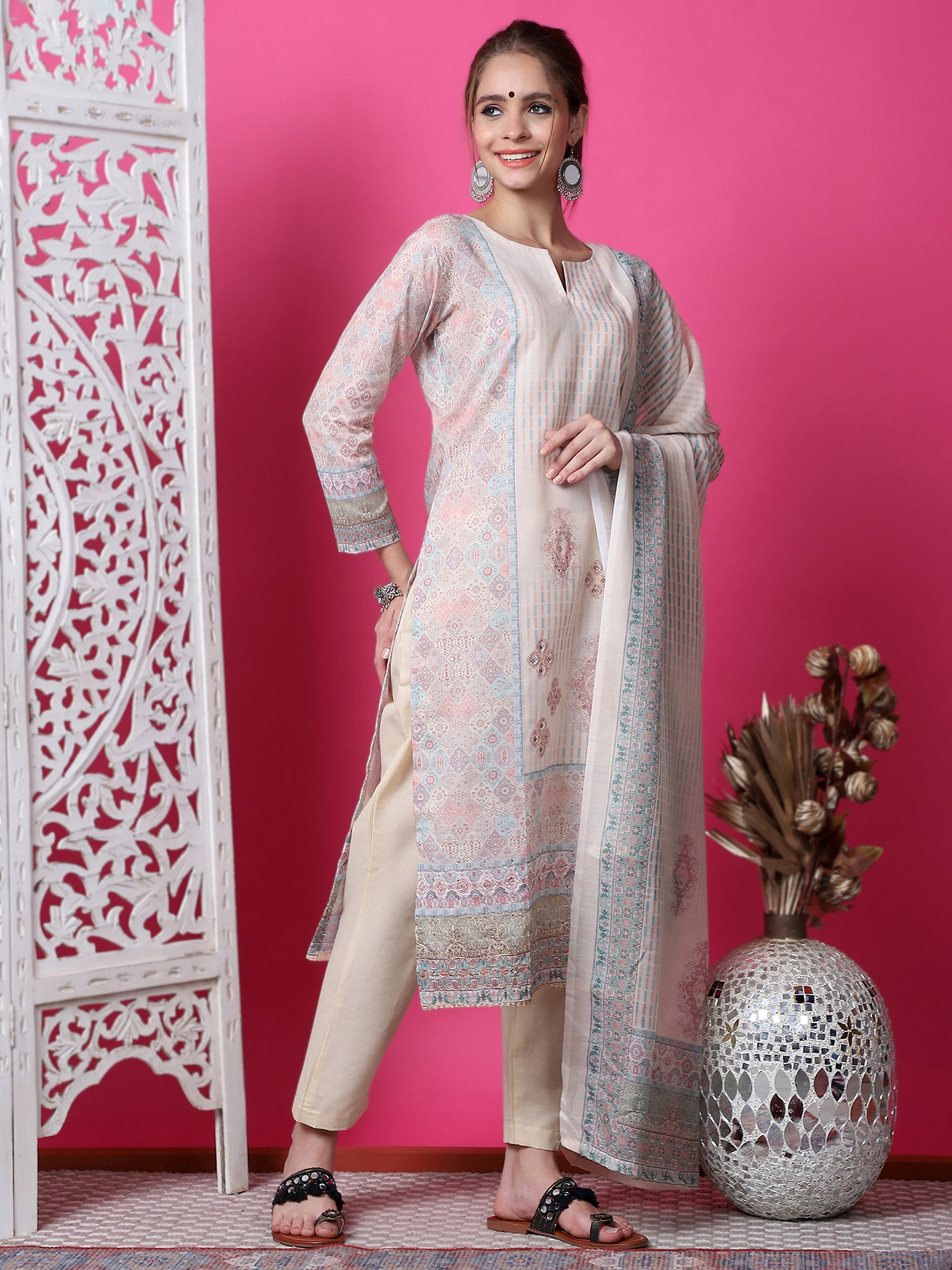 Jyoti Fashion Women's Beige Cotton Geometric Digital Print with Jari & Crystal Kurta with Trouser & Dupatta - Distacart