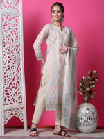 Thumbnail for Jyoti Fashion Women's Beige Cotton Geometric Digital Print with Jari & Crystal Kurta with Trouser & Dupatta - Distacart