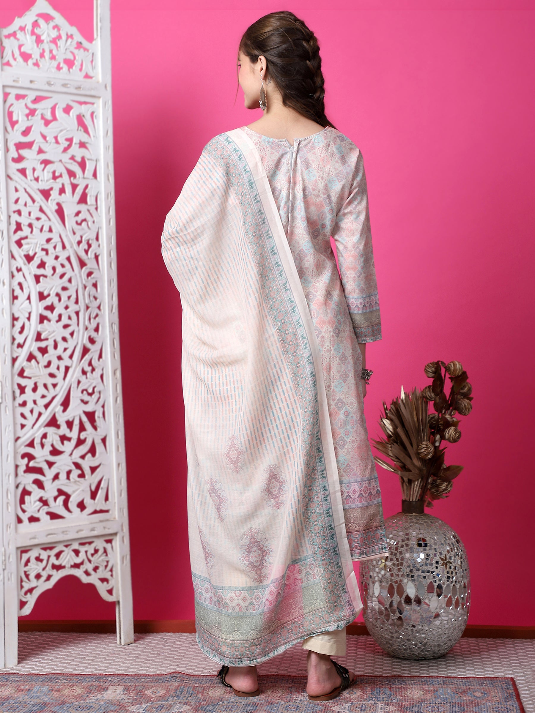 Jyoti Fashion Women's Beige Cotton Geometric Digital Print with Jari & Crystal Kurta with Trouser & Dupatta - Distacart