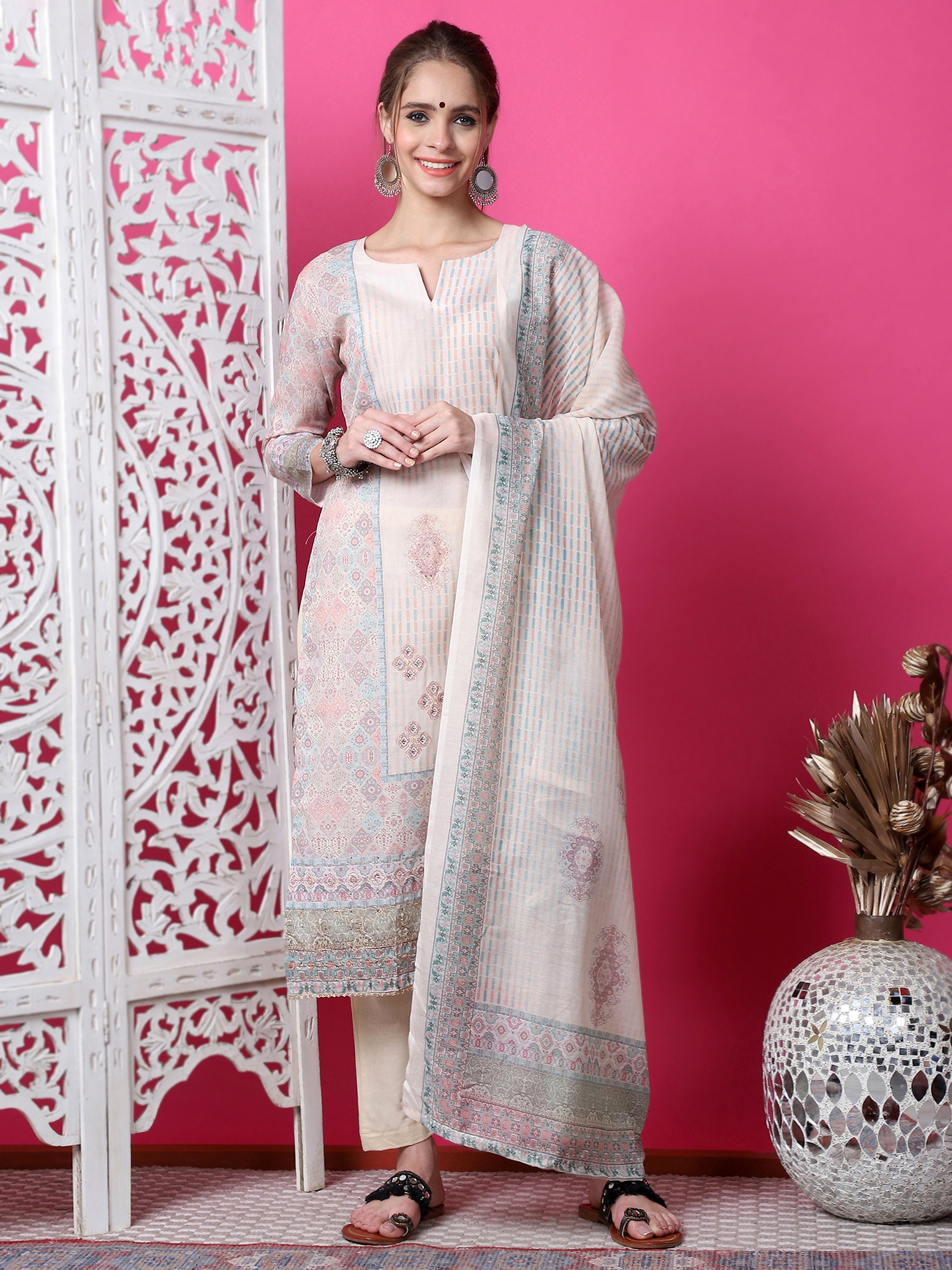 Jyoti Fashion Women's Beige Cotton Geometric Digital Print with Jari & Crystal Kurta with Trouser & Dupatta - Distacart