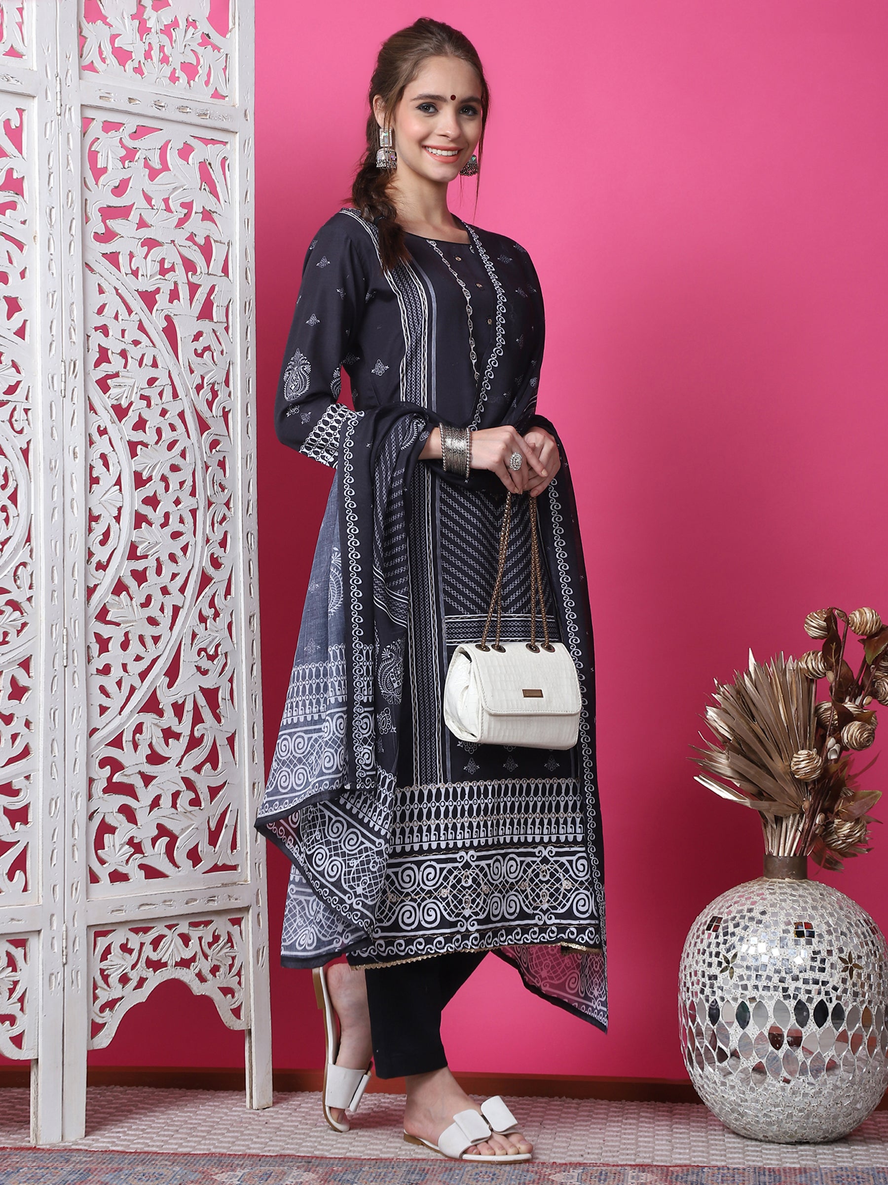 Jyoti Fashion Women's Black Cotton Geometric Digital Print with Jari & Crystal Kurta with Trouser & Dupatta - Distacart