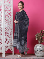 Thumbnail for Jyoti Fashion Women's Black Cotton Geometric Digital Print with Jari & Crystal Kurta with Trouser & Dupatta - Distacart