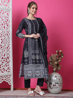 Thumbnail for Jyoti Fashion Women's Black Cotton Geometric Digital Print with Jari & Crystal Kurta with Trouser & Dupatta - Distacart