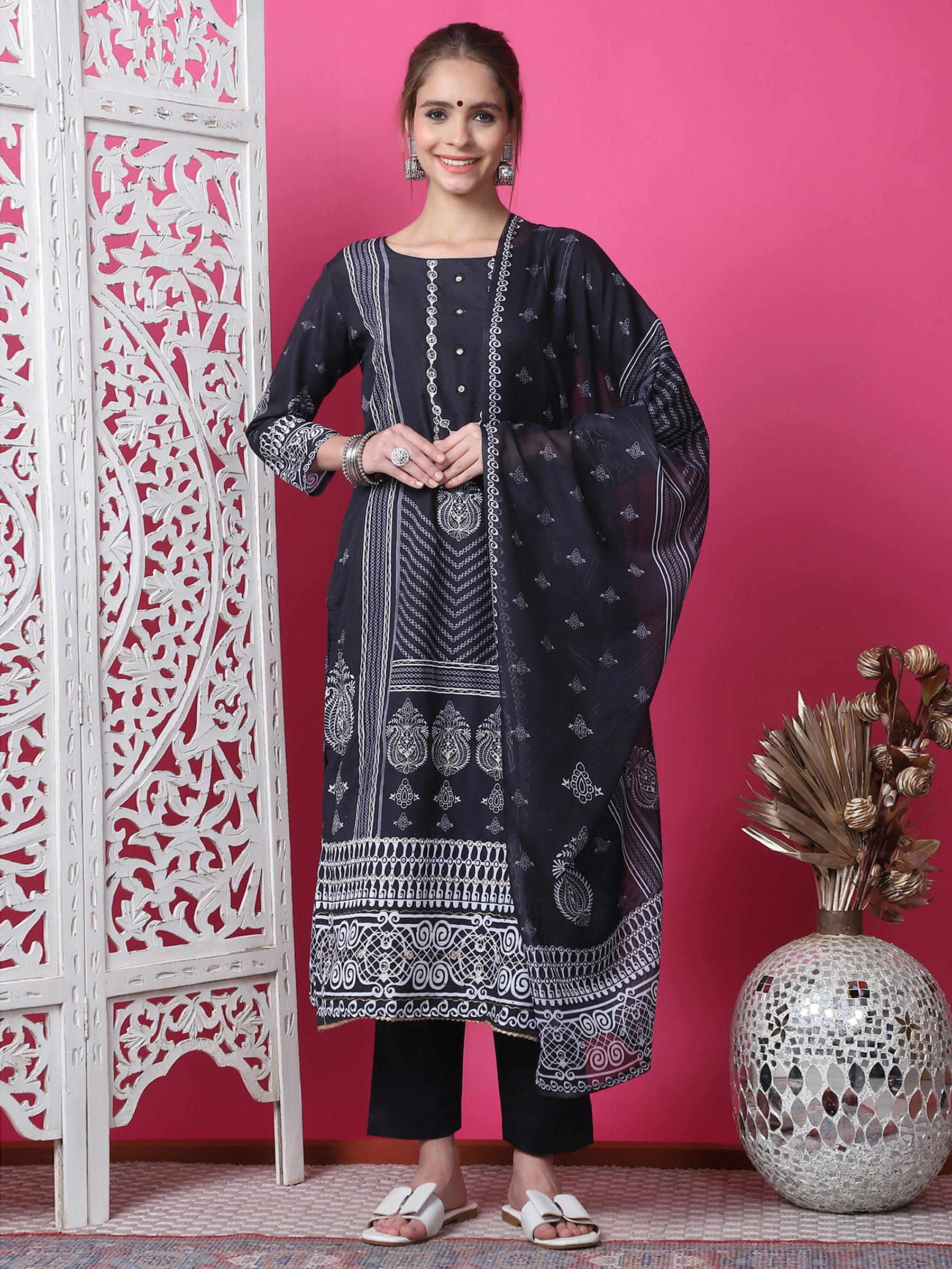 Jyoti Fashion Women's Black Cotton Geometric Digital Print with Jari & Crystal Kurta with Trouser & Dupatta - Distacart