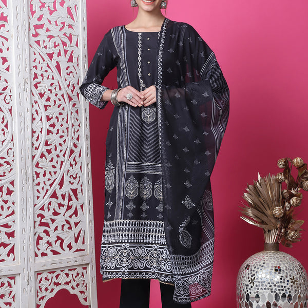 Jyoti Fashion Women's Black Cotton Geometric Digital Print with Jari & Crystal Kurta with Trouser & Dupatta - Distacart