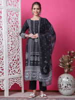 Thumbnail for Jyoti Fashion Women's Black Cotton Geometric Digital Print with Jari & Crystal Kurta with Trouser & Dupatta - Distacart