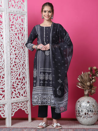 Jyoti Fashion Women's Black Cotton Geometric Digital Print with Jari & Crystal Kurta with Trouser & Dupatta - Distacart