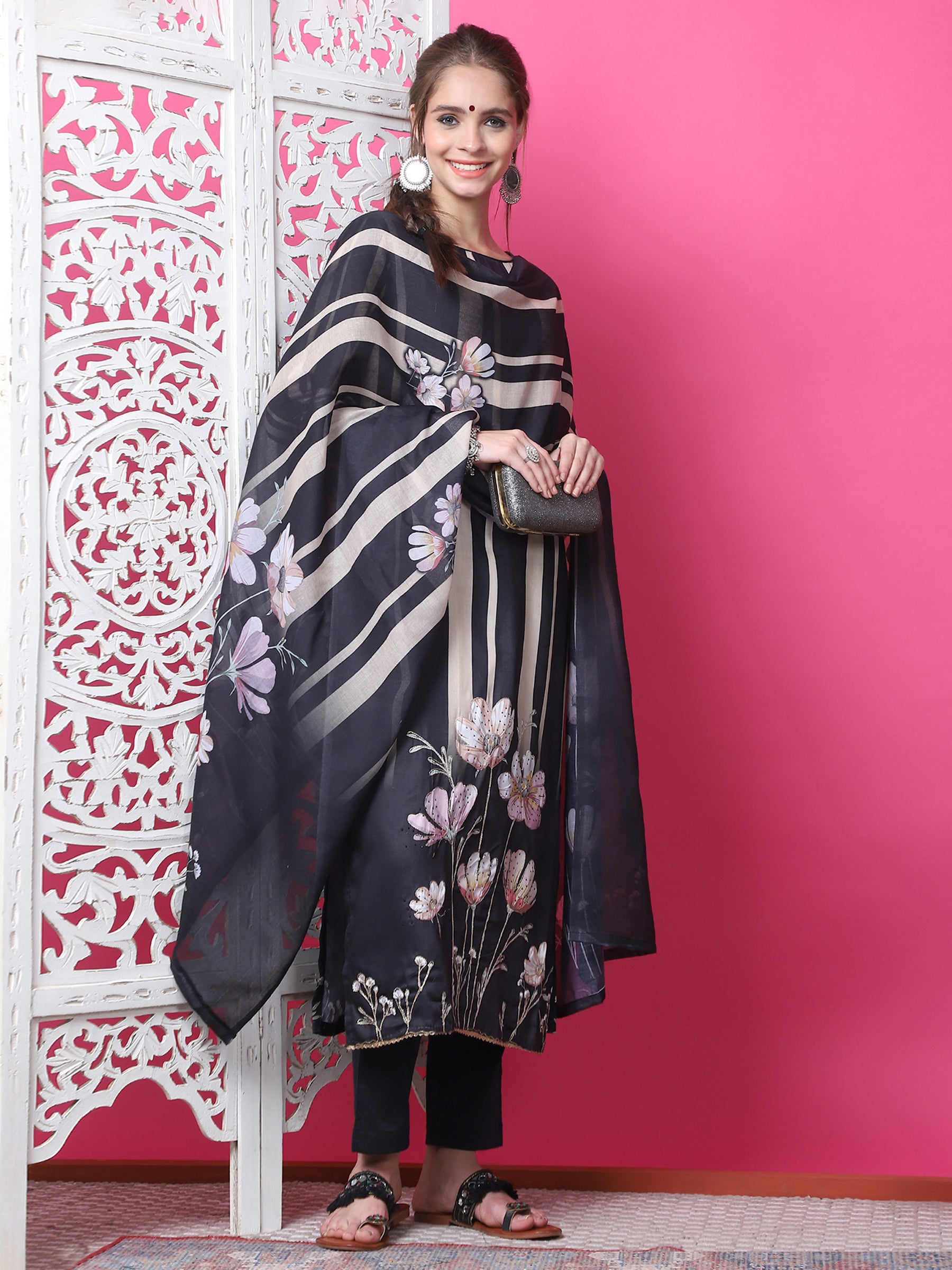 Jyoti Fashion Women's Black Cotton Geometric Digital Print with Jari & Crystal Kurta with Trouser & Dupatta - Distacart